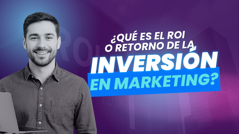 Gráfico financiero con una flecha ascendente que representa el crecimiento del ROI en marketing sobre el fondo de edificios corporativos y datos bursátiles.