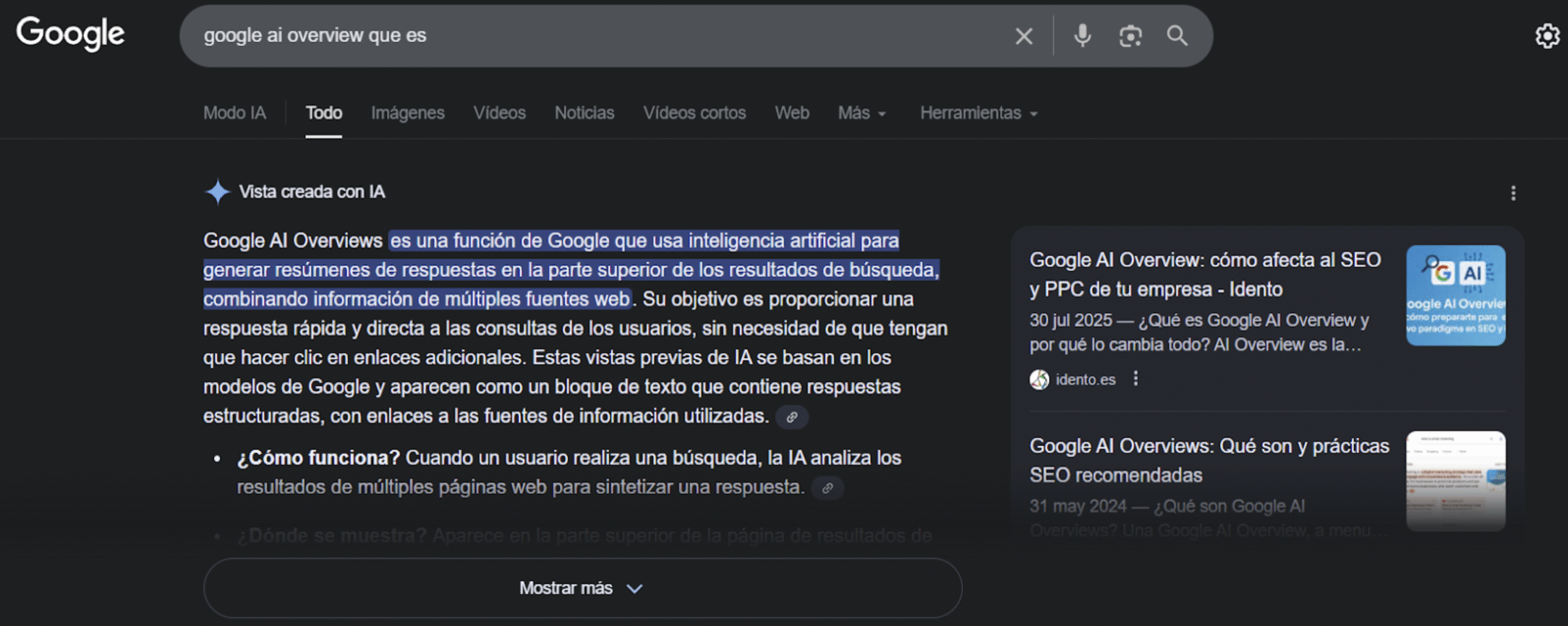 google-ai-overview-tendencias-seo-2025-sytelmedia.webp Captura de pantalla de Google mostrando la función AI Overview, una herramienta de inteligencia artificial que genera resúmenes automáticos en los resultados de búsqueda. Ejemplo visual de cómo la IA está transformando el SEO en 2025.