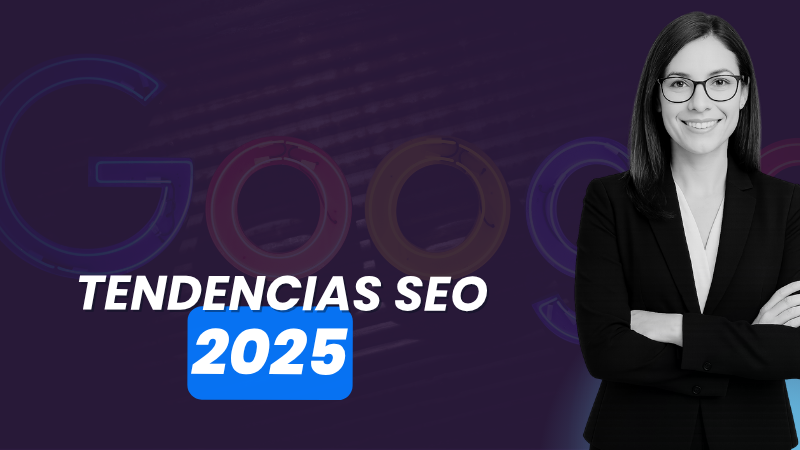 Experta en marketing digital presentando las tendencias SEO 2025. Imagen corporativa de Sytel Media sobre estrategias de posicionamiento web, inteligencia artificial y cambios en el algoritmo de Google para el éste año.